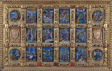 Altertavle som viser scener fra lidenskapen og evangelistene med armene til Anne de Montmorency, Limousin Workshop gull og malt emalje
